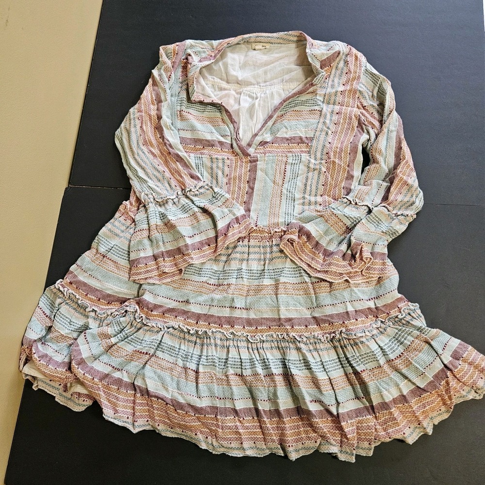 En Crème M Ruffle Stripe Boho Mini Dress Lined Rayon Cotton